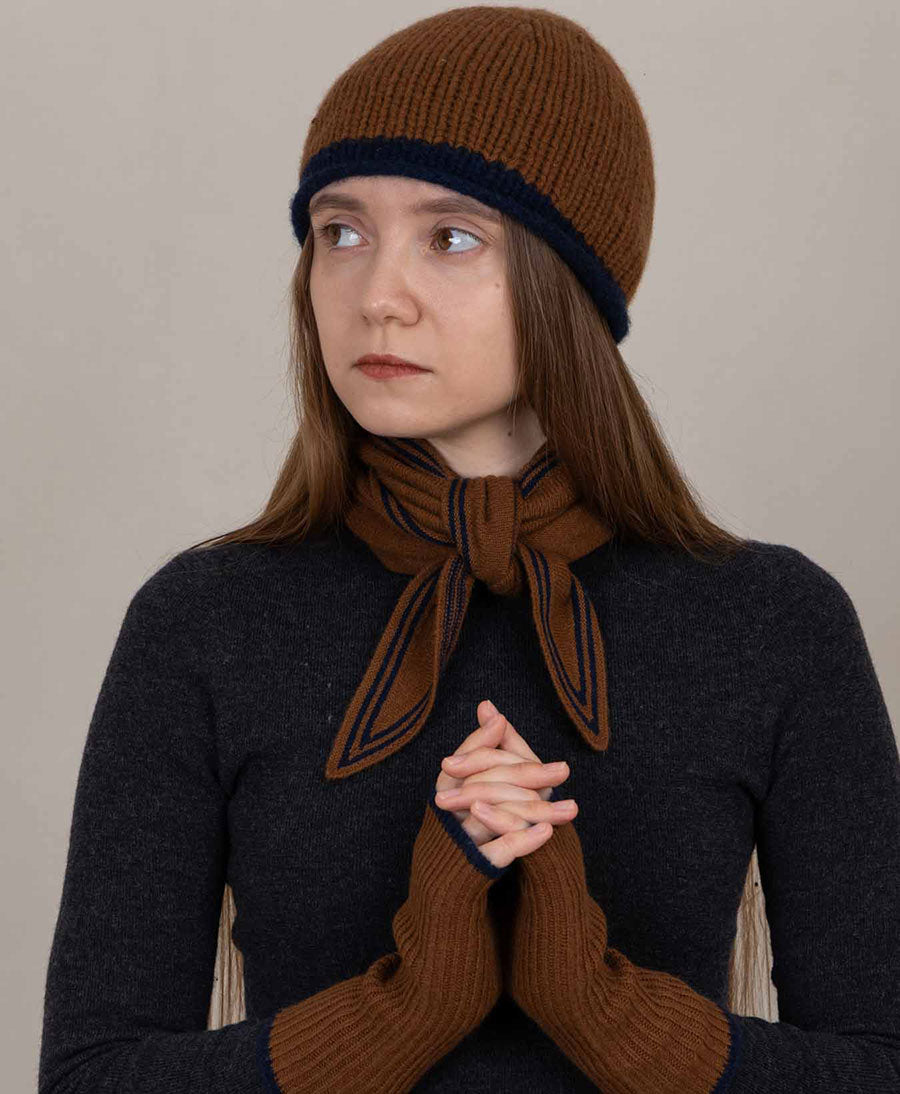 Kleiner Gestrickter Schal / Foulard aus Kaschmir - Cognac / Blau
