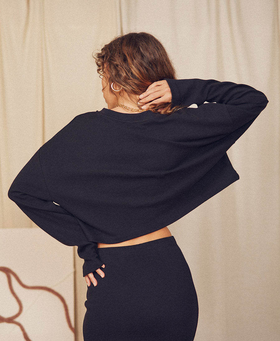 Cropped Langarm Top  - Schwarz