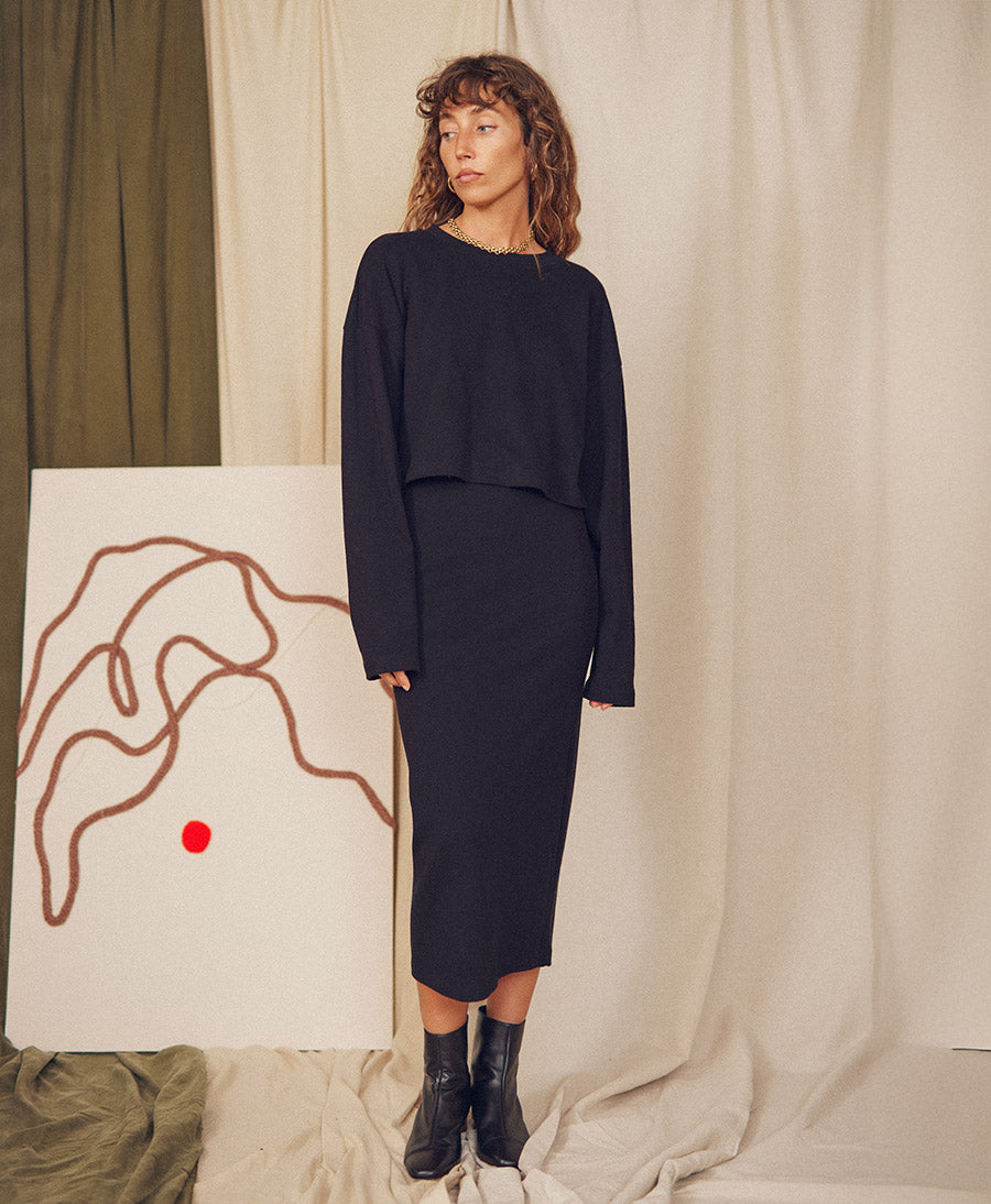 Cropped Langarm Top  - Schwarz
