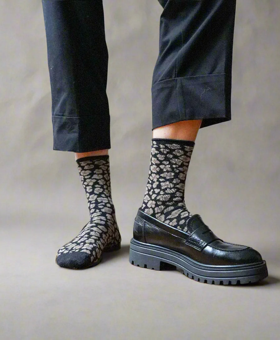 Glitzer Socken Lyocell - Leopard Schwarz