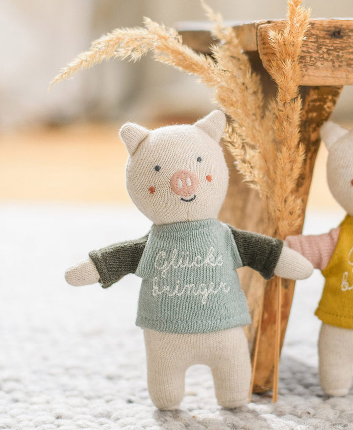 Glücksbringer Schwein mit Shirt - Blau/Grün