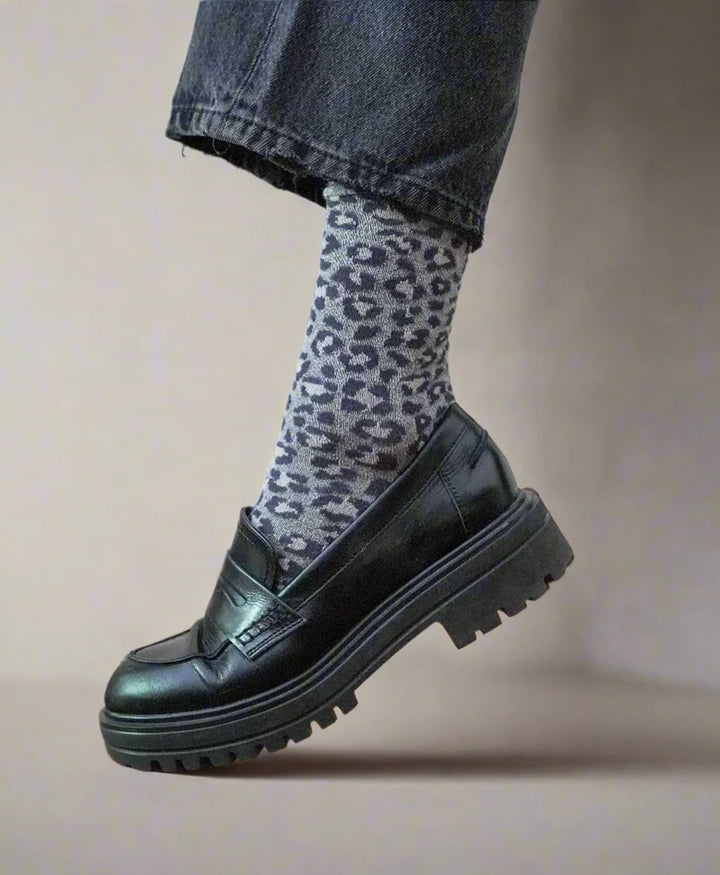 Glitzer Socken Lyocell - Leopard Grau
