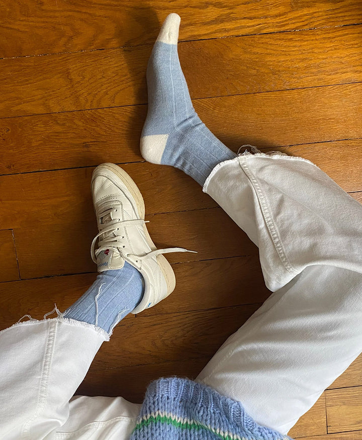 Socken Merinowolle mit Streifen - Hellblau / Creme
