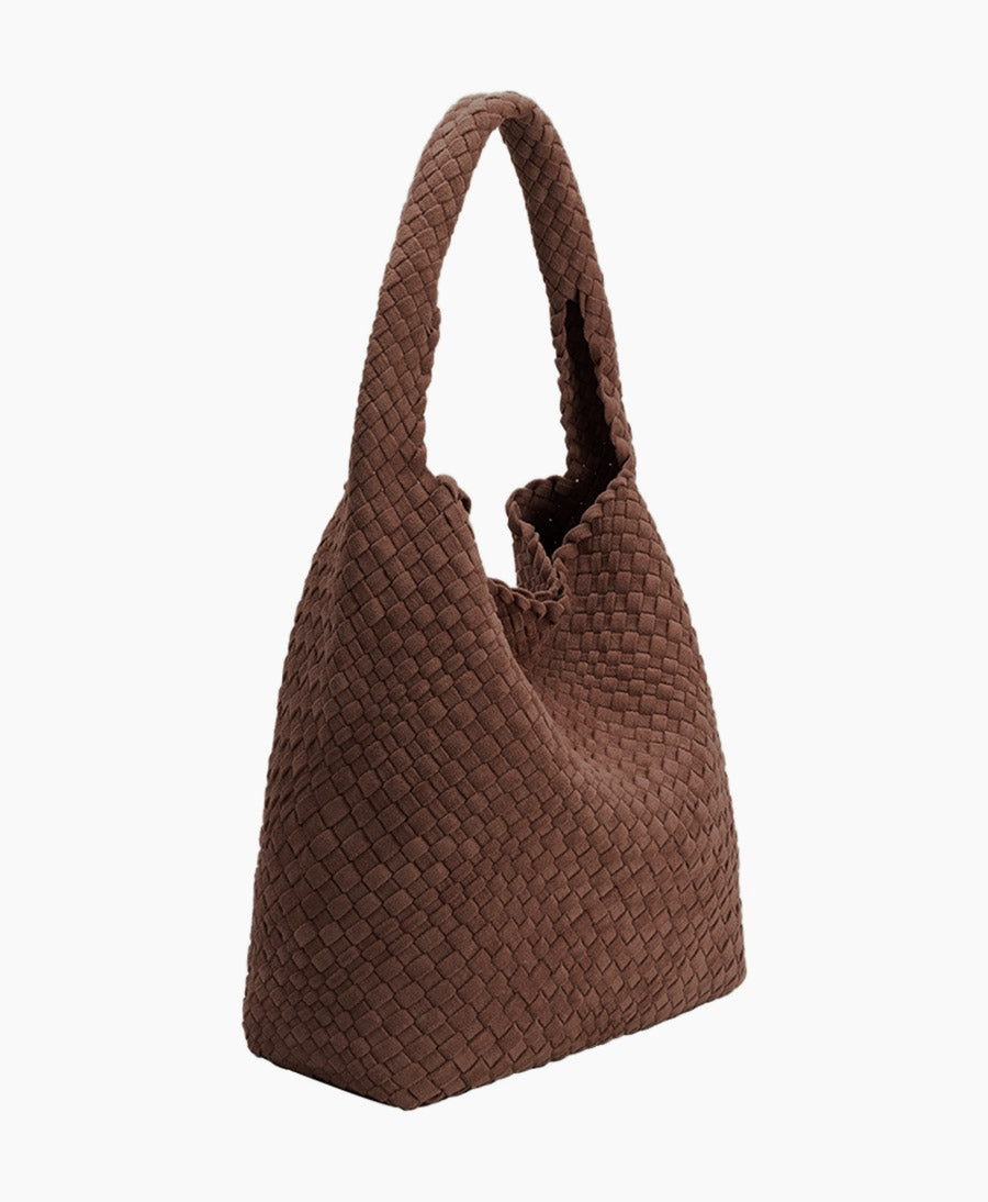 Gewebte Schultertasche JOHANNA aus veganem Leder - Tabak Suede