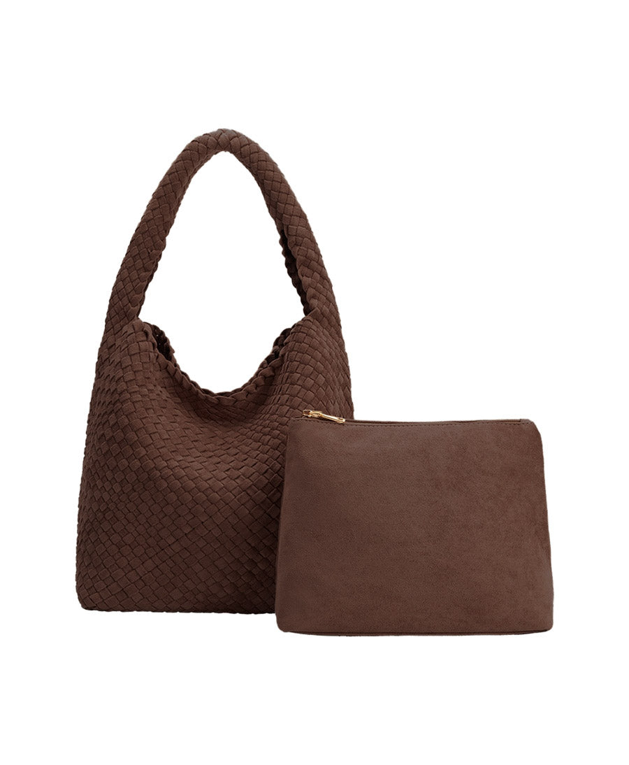 Gewebte Schultertasche JOHANNA aus veganem Leder - Tabak Suede