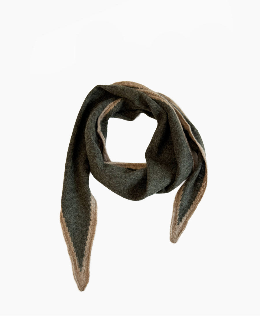 Kleiner Gestrickter Schal / Foulard aus Kaschmir - Dunkelgrün-Grau / Beige