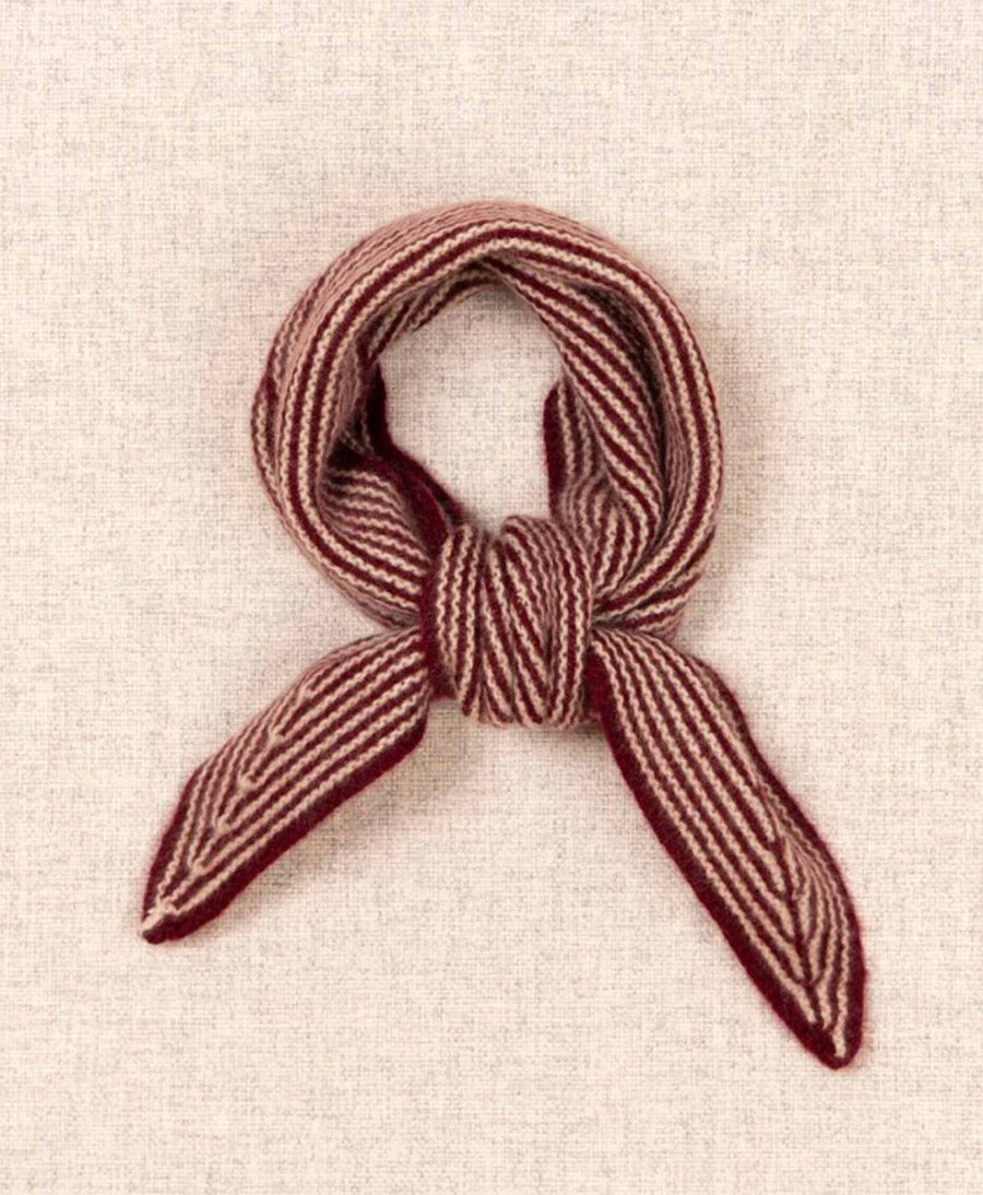Kleiner Gestrickter Schal / Foulard aus Kaschmir - Dunkelrot / Beige gestreift
