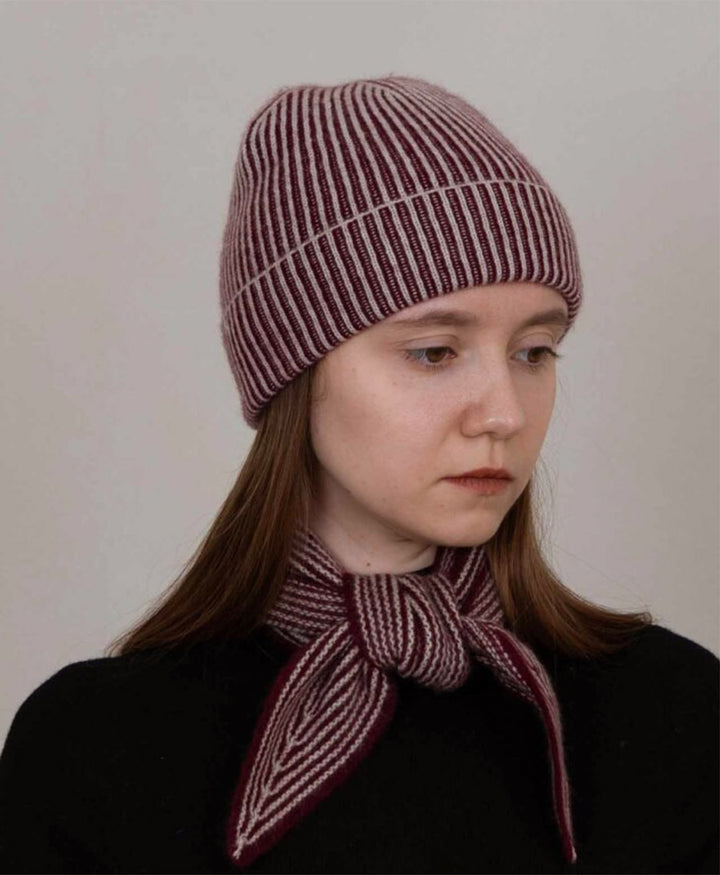 Kleiner Gestrickter Schal / Foulard aus Kaschmir - Dunkelrot / Beige gestreift