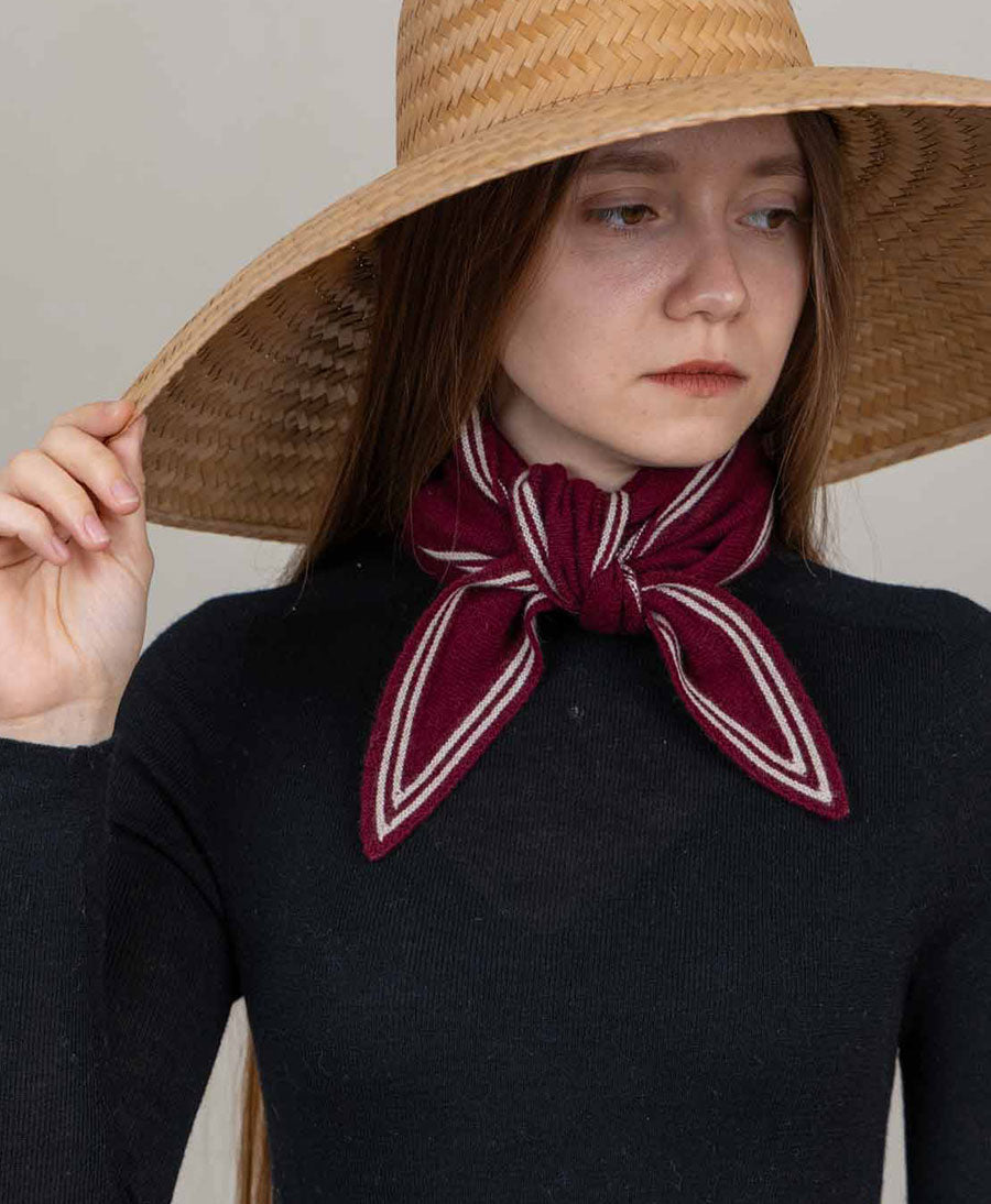 Kleiner Gestrickter Schal / Foulard aus Kaschmir - Dunkelrot / Weiss