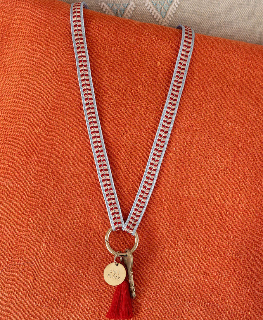 Schlüsselband silbriger Karabiner - Hellblau/Rot
