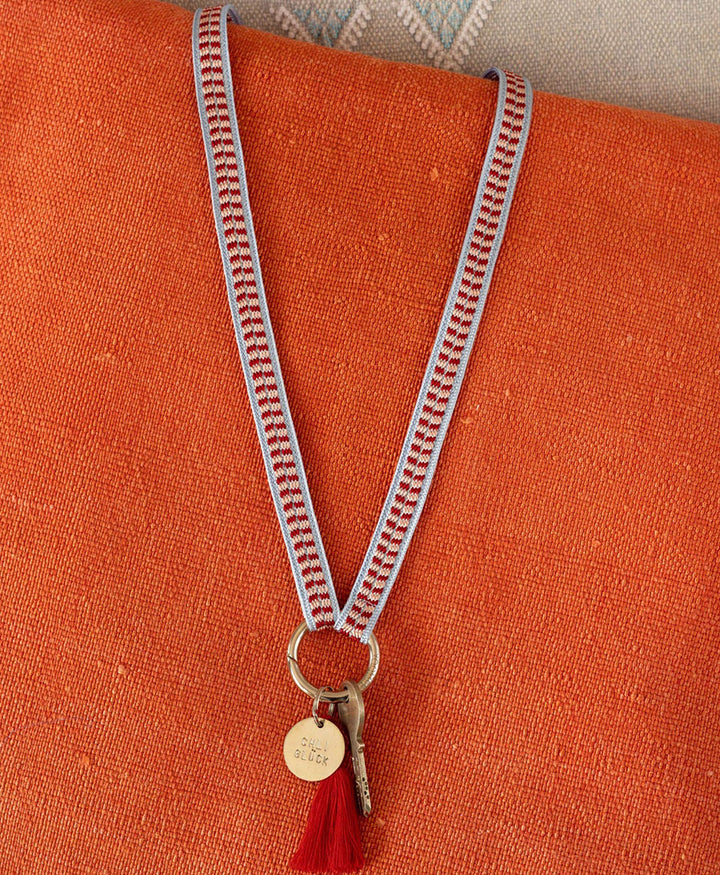 Schlüsselband silbriger Karabiner - Hellblau/Rot