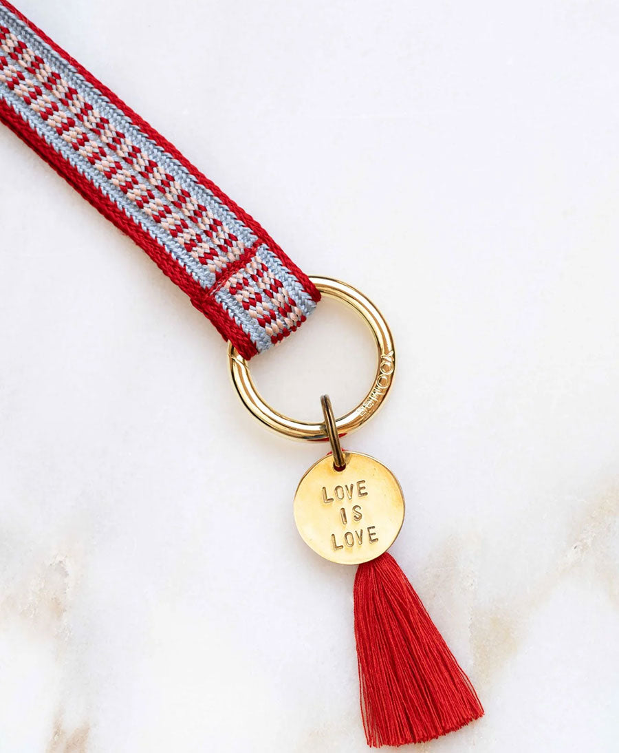 Kurzes Schlüsselband Loop mit goldigem Karabiner - Rot/Hellblau