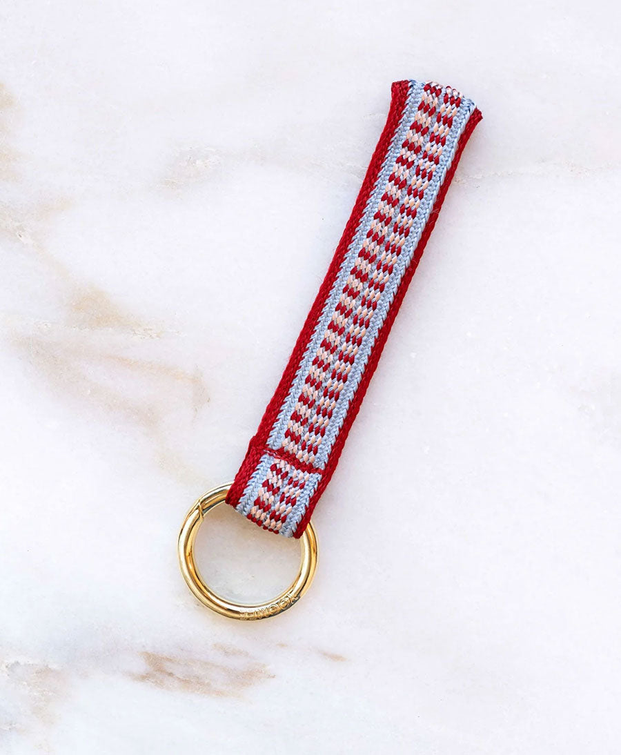 Kurzes Schlüsselband Loop mit goldigem Karabiner - Rot/Hellblau