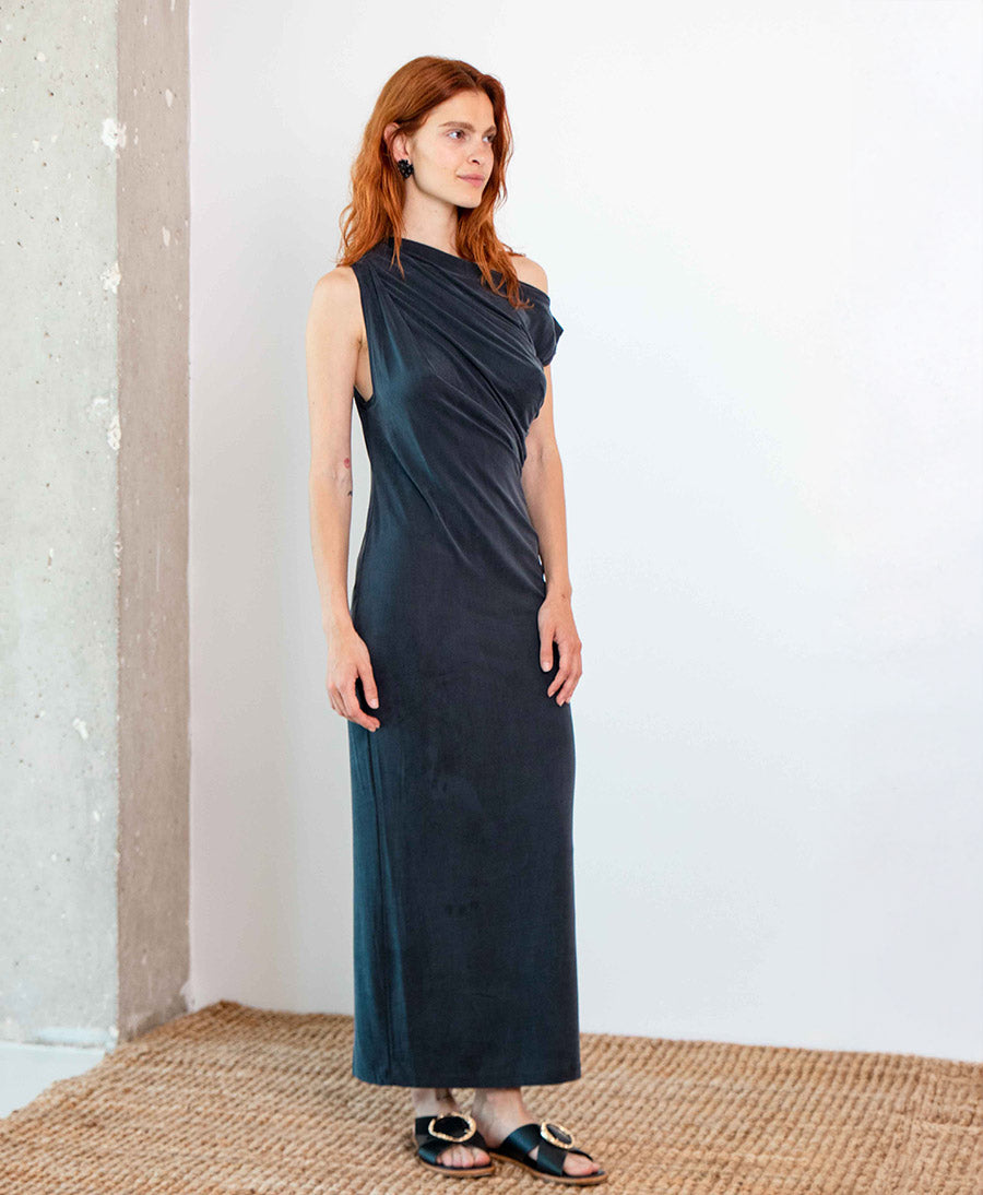 Midi Kleid / Drape Midi Dress aus Cupro Jersey - Anthrazit