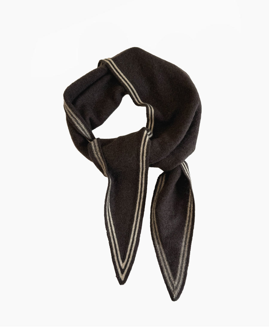 Kleiner Gestrickter Schal / Foulard aus Kaschmir - Dunkelbraun / Weiss