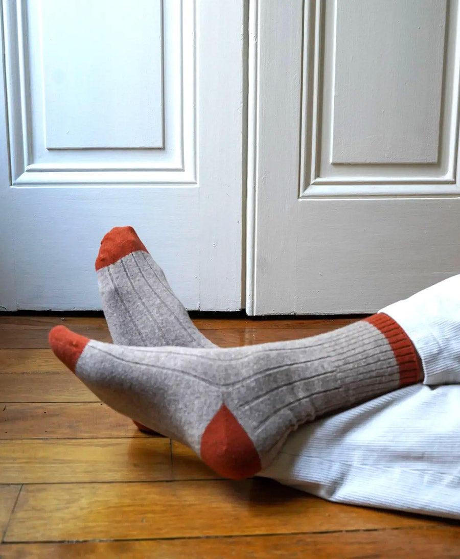 Socken Merinowolle mit Streifen - Beige / Orange