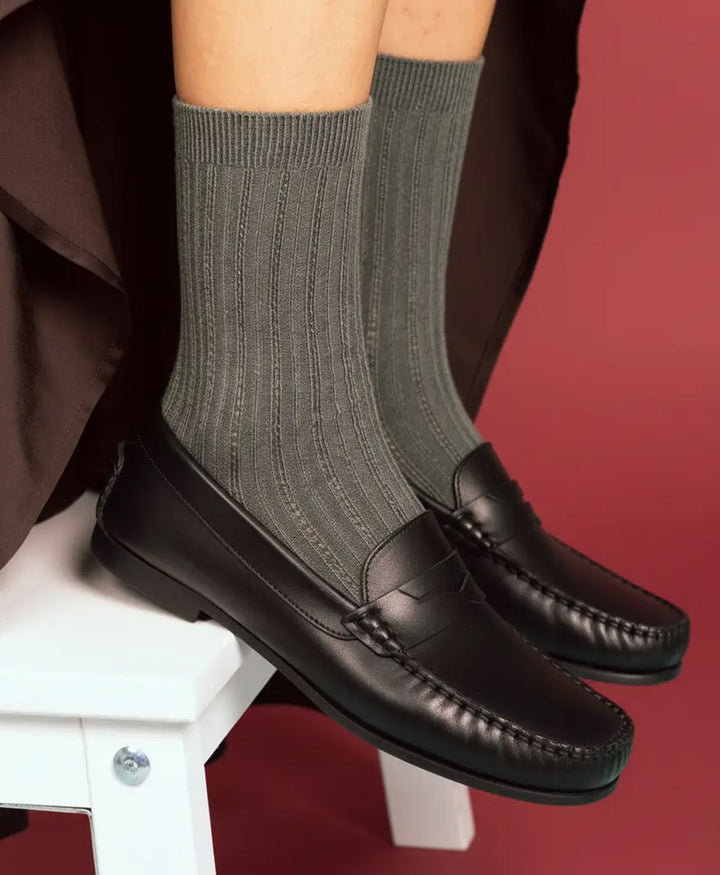 Pointelle Socken - gerippter Feinstrick - Khaki