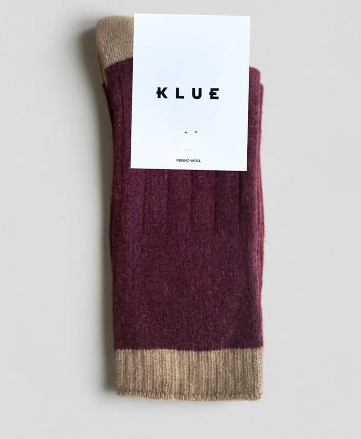 Socken Merinowolle mit Streifen - Dunkelrot / Hellbraun