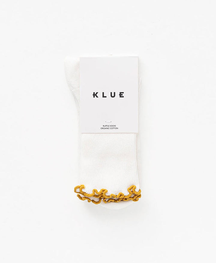 Rüschen Socken - Bio-Baumwolle - Weiss / Senfgelb
