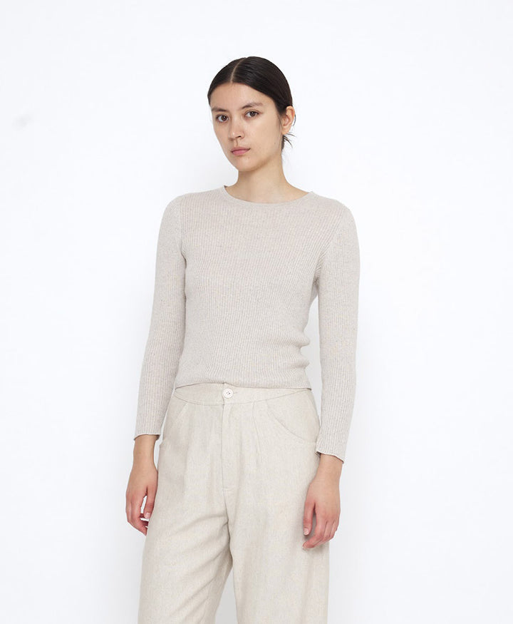 Top Feinstrick Ribbed Langarm - Sand Beige