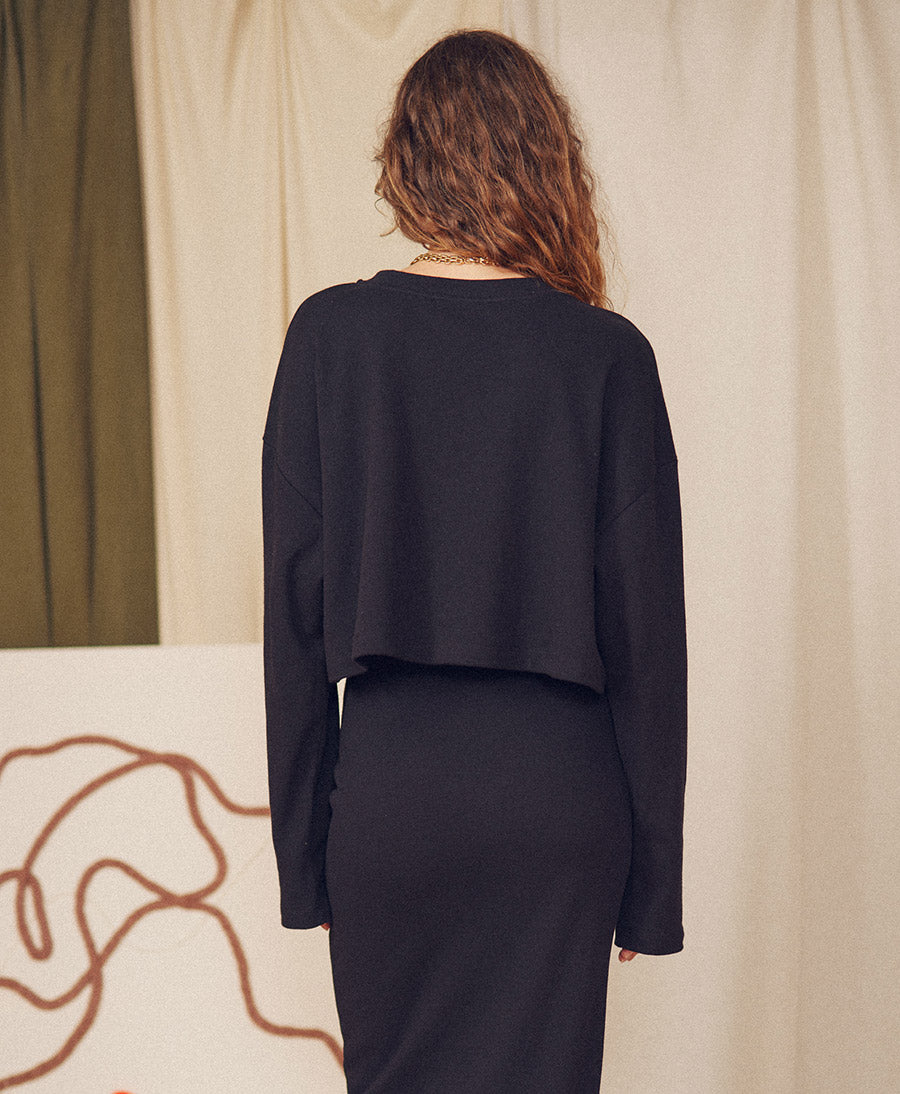 Cropped Langarm Top  - Schwarz