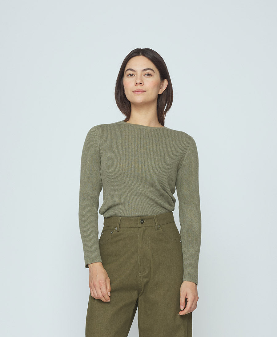 Top Feinstrick Ribbed Langarm - Sage Gray