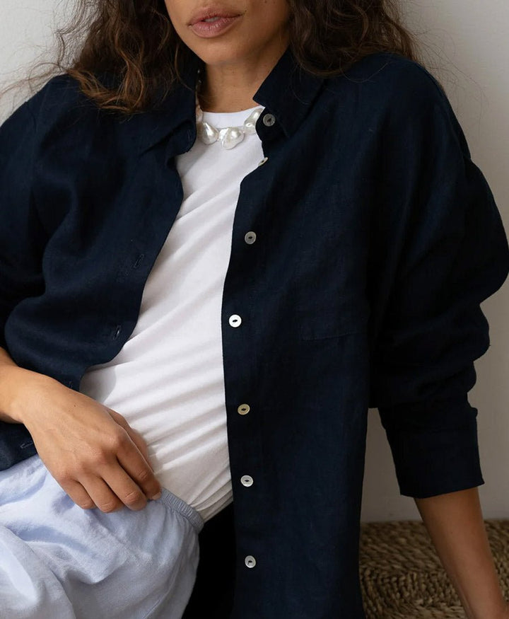 Leinenbluse / Hemd "The Linen Relaxed Shirt" - Navy - DONNI. - clomes