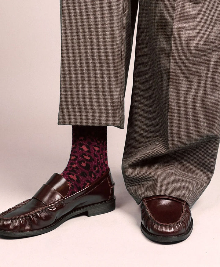 Glitzer Socken Lyocell - Leopard Dunkelrot