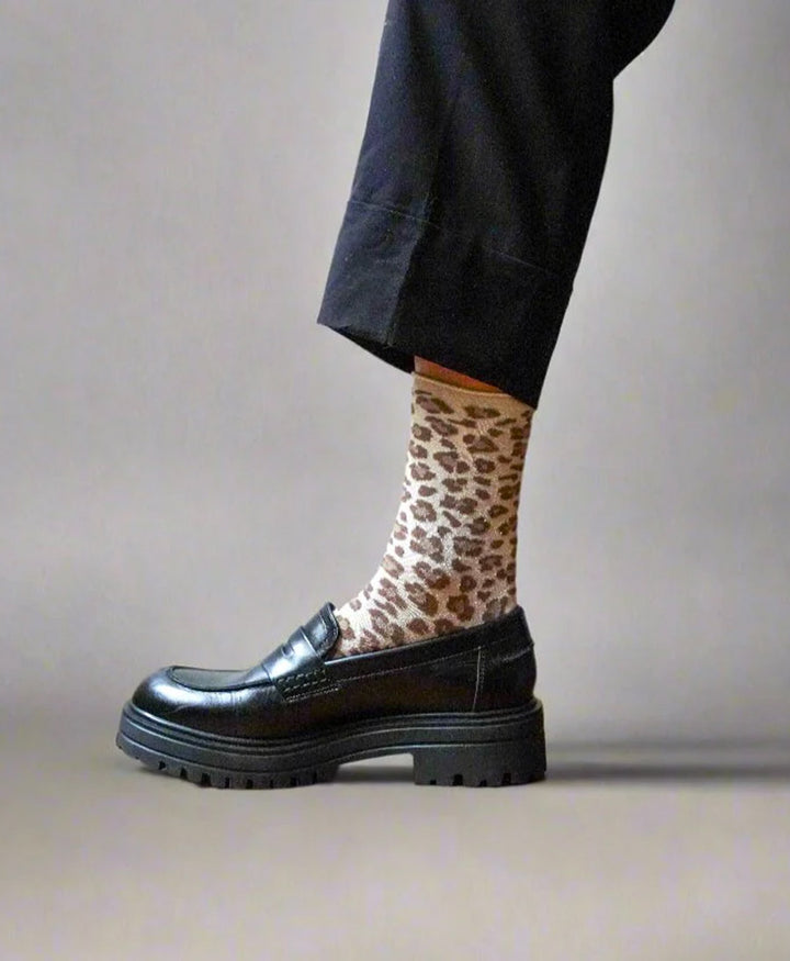 Glitzer Socken Lyocell - Leopard Beige