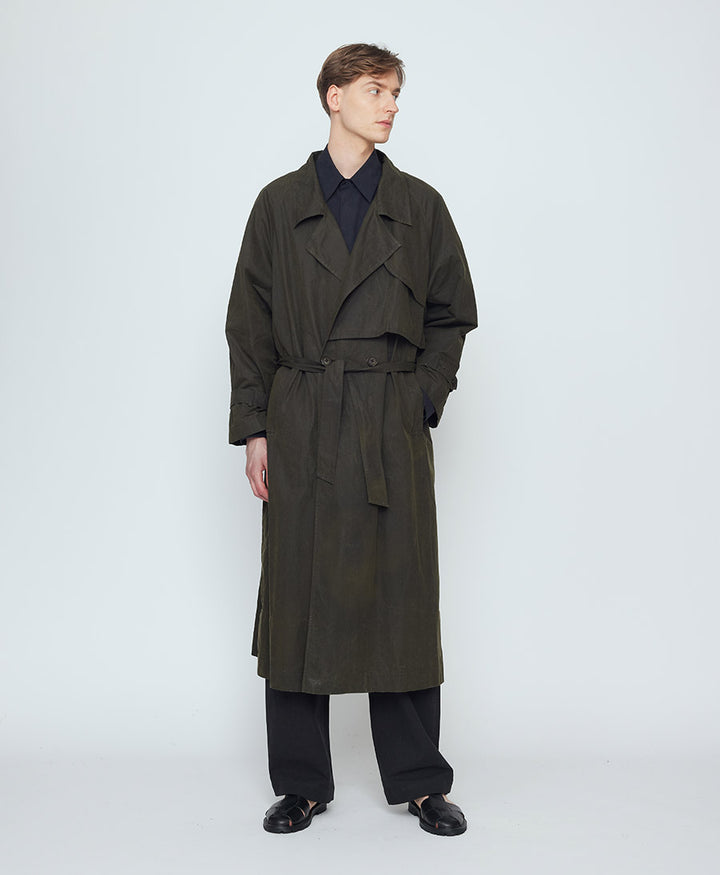 Mantel Long Rain Trench aus gewachster Baumwolle - Deep Olive