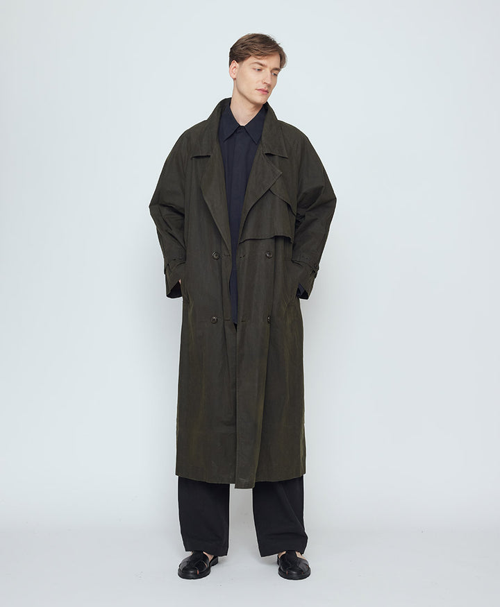 Mantel Long Rain Trench aus gewachster Baumwolle - Deep Olive
