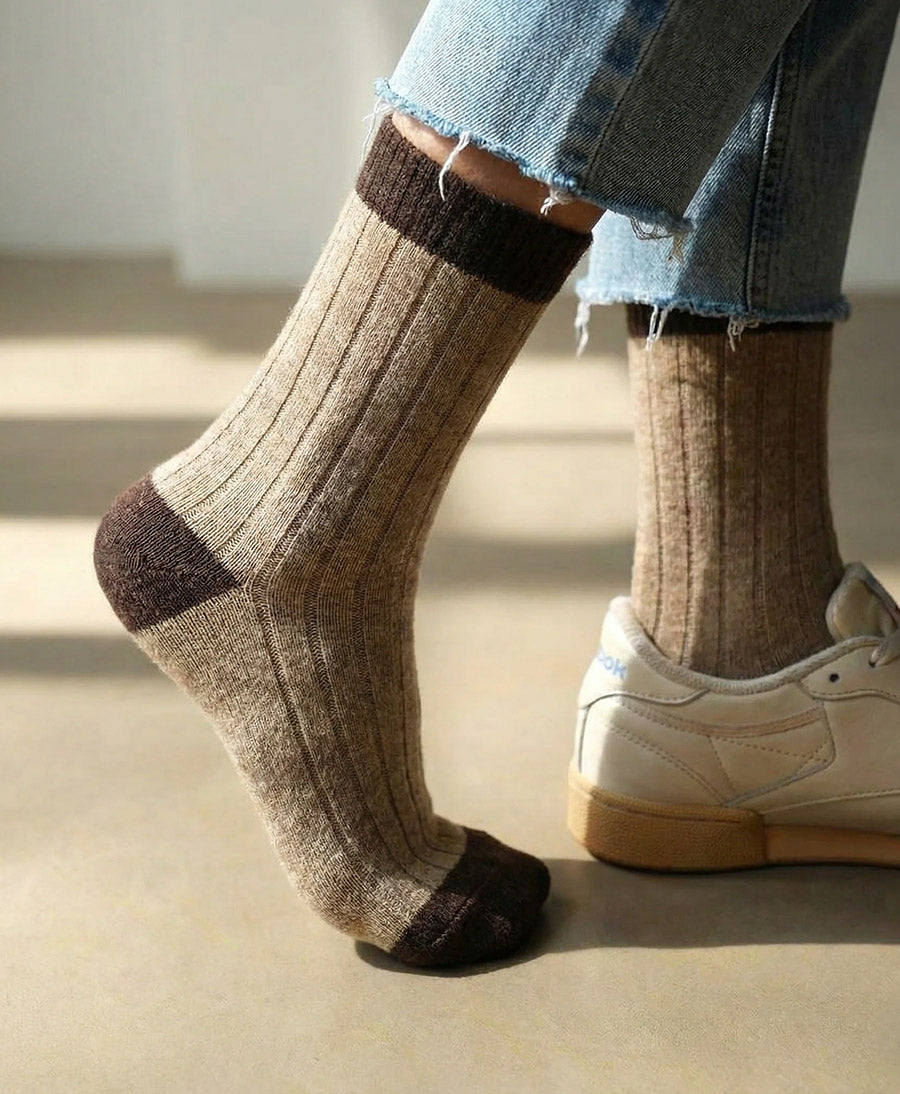 Socken Merinowolle mit Streifen - Braun / Dunkelbraun