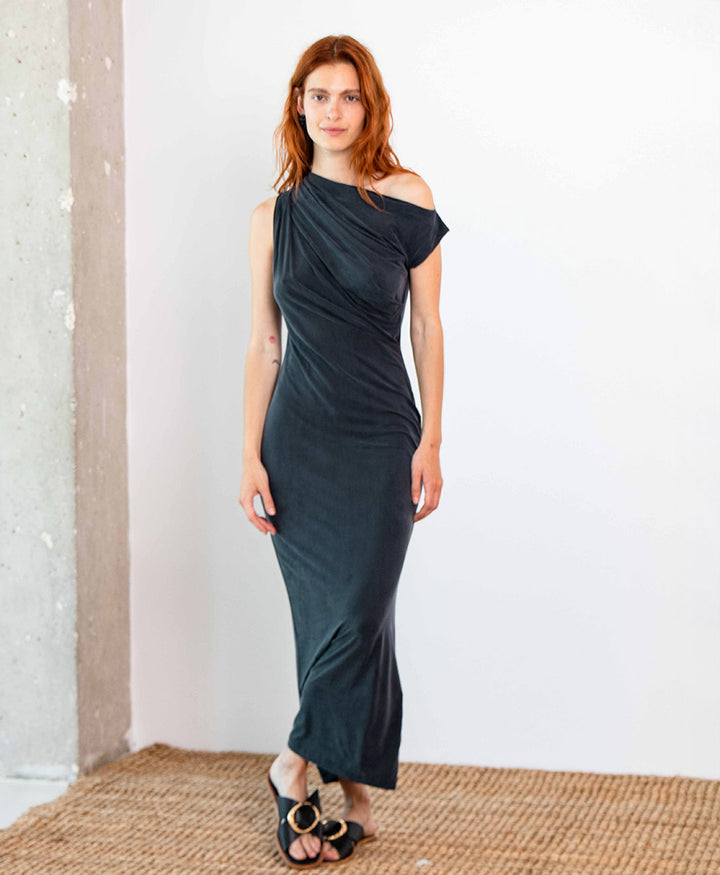 Midi Kleid / Drape Midi Dress aus Cupro Jersey - Anthrazit