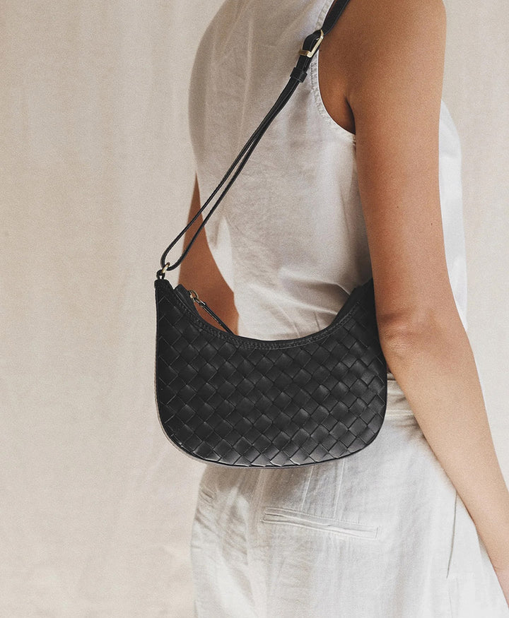 Gewebte Umhängetasche "Mini Sling" - Carré Weave Schwarz