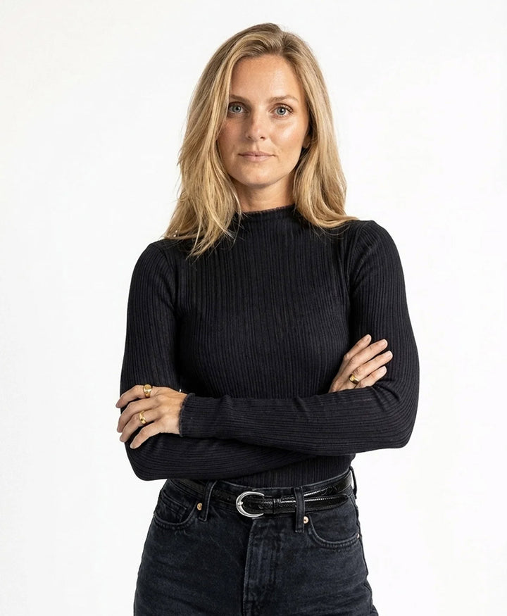 Tencel Langarm-Shirt MOCKNECK - Schwarz