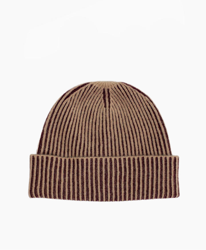 Gerippte Mütze / Beanie aus Kaschmir - Rot gestreift