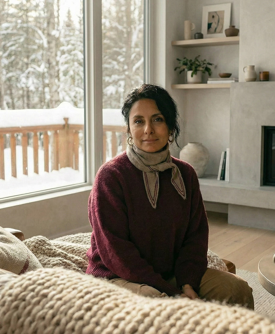 Kleiner Gestrickter Schal / Foulard aus Kaschmir - Beige / Rot