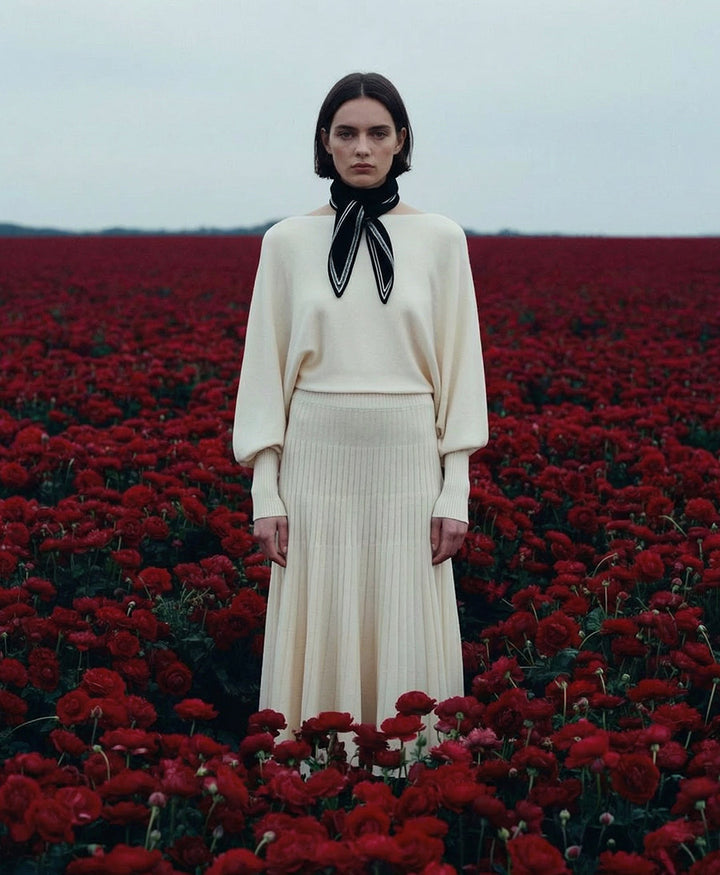 Kleiner Gestrickter Schal / Foulard aus Kaschmir - Schwarz / Weiss