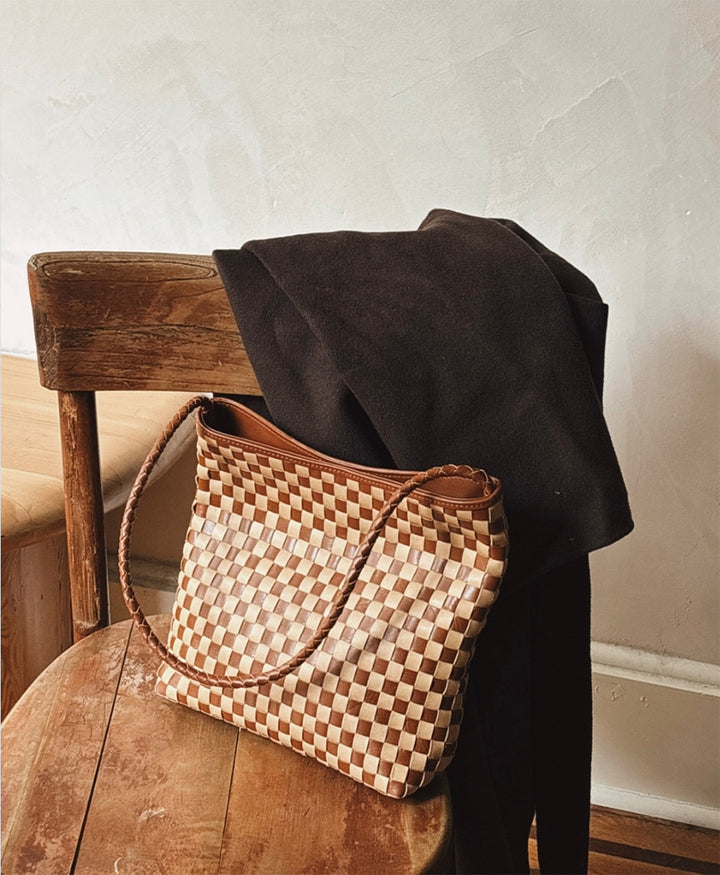 Gewebte Ledertasche "PAULINE" - Caramel x Sienna Check