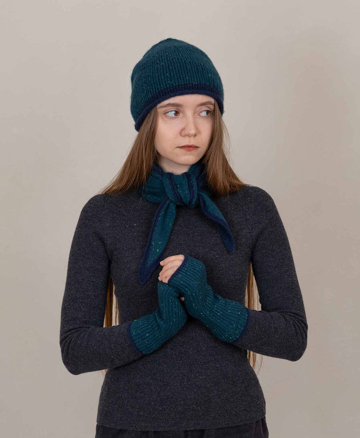 Kleiner Gestrickter Schal / Foulard aus Kaschmir - Petrol / Blau