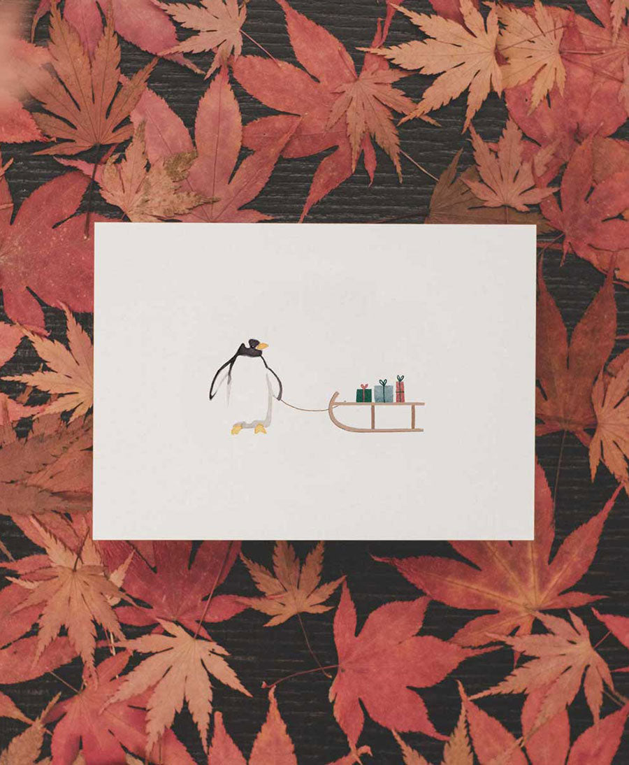 Postkarte "Pinguin mit Geschenken" Weihnachtskarte