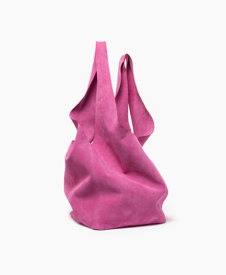 Quadratische Ledertasche Slouchy Bag - Pink