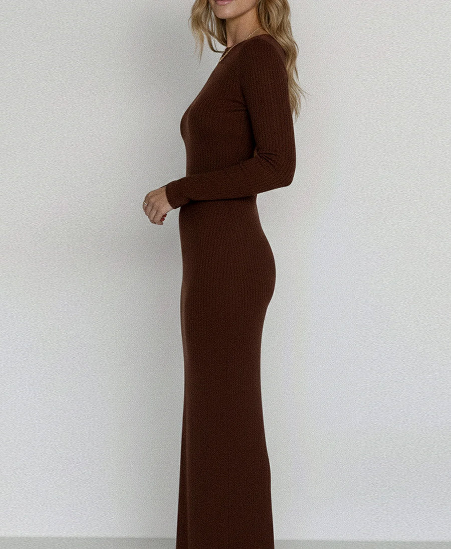 Tencel Langarm-Kleid - Braun