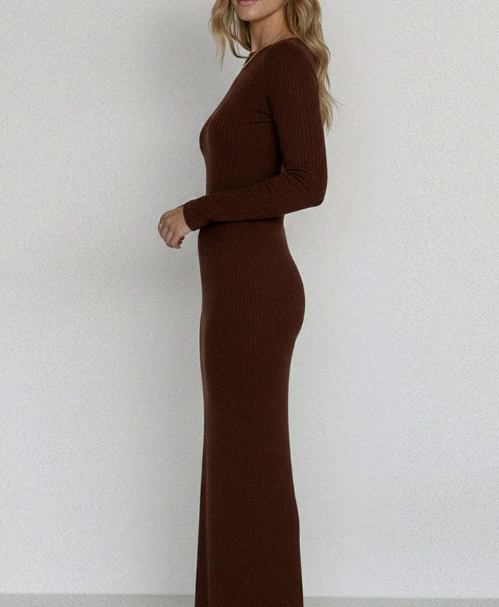 Tencel Langarm-Kleid - Braun