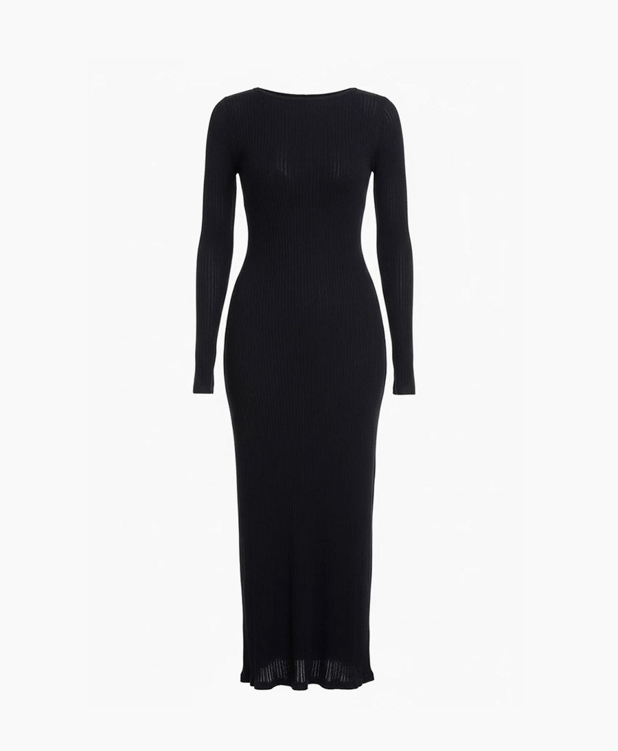 Tencel Langarm-Kleid - Schwarz