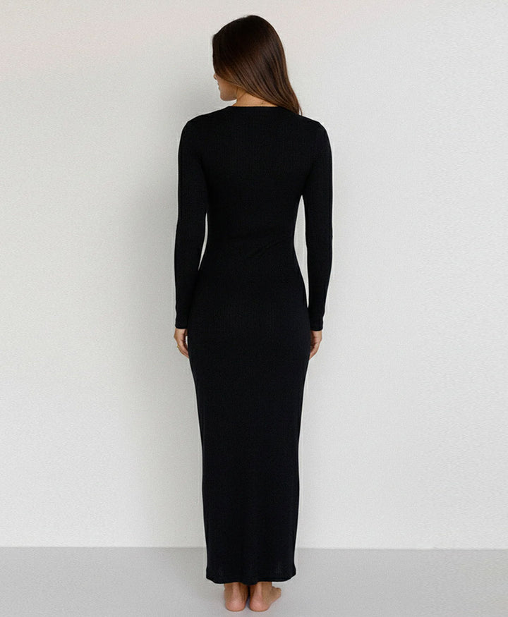 Tencel Langarm-Kleid - Schwarz