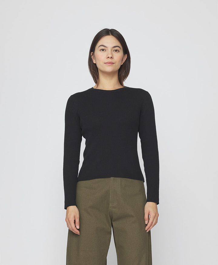 Top Feinstrick Ribbed Langarm - Schwarz