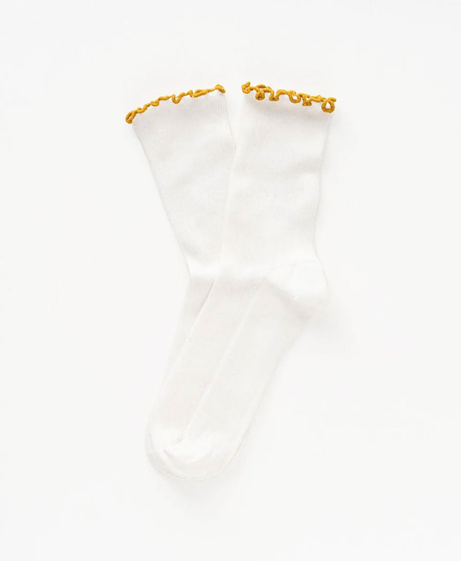 Rüschen Socken - Bio-Baumwolle - Weiss / Senfgelb
