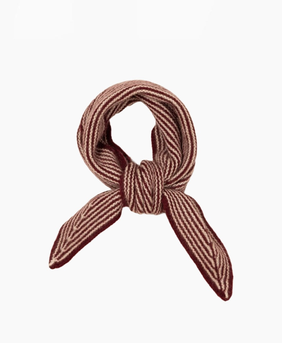 Kleiner Gestrickter Schal / Foulard aus Kaschmir - Dunkelrot / Beige gestreift
