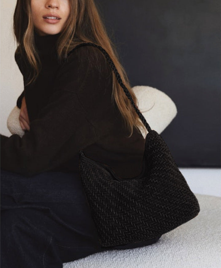 Gewebte Ledertasche "SERENA" Suede - Schwarz
